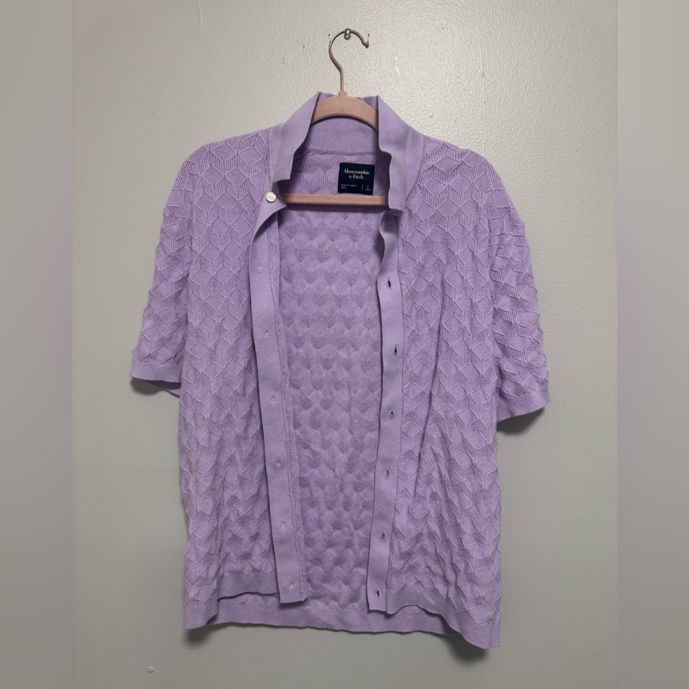 Men’s A&F Geometric Stitch Button-Through Sweater Polo Light Purple - Picture 3 of 7